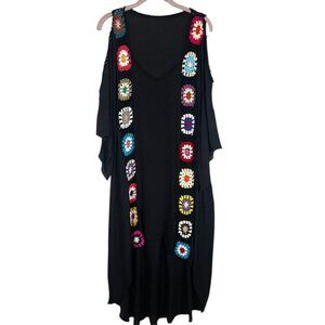 Crochet Knit Hi Low Gauze Dress Black L Boho Indie Folk Festival Concert Flowy